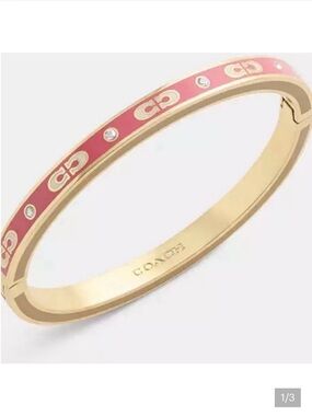 Coach Gold-Tone Hinged Bangle with Pink Enamel and Crystal Accents